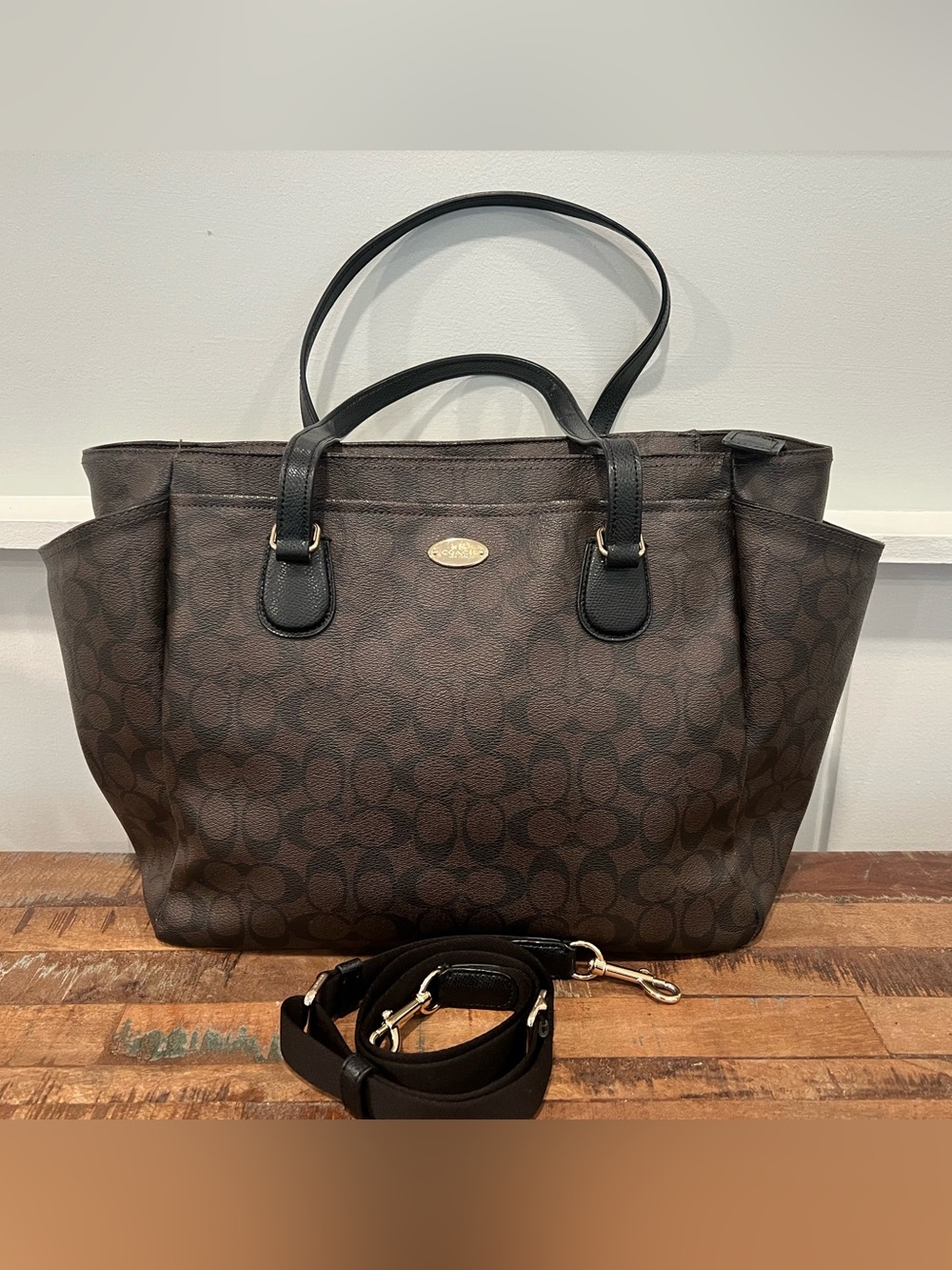 Signature Pattern Brown Diaper Tote Bag with Shoulder Strap
